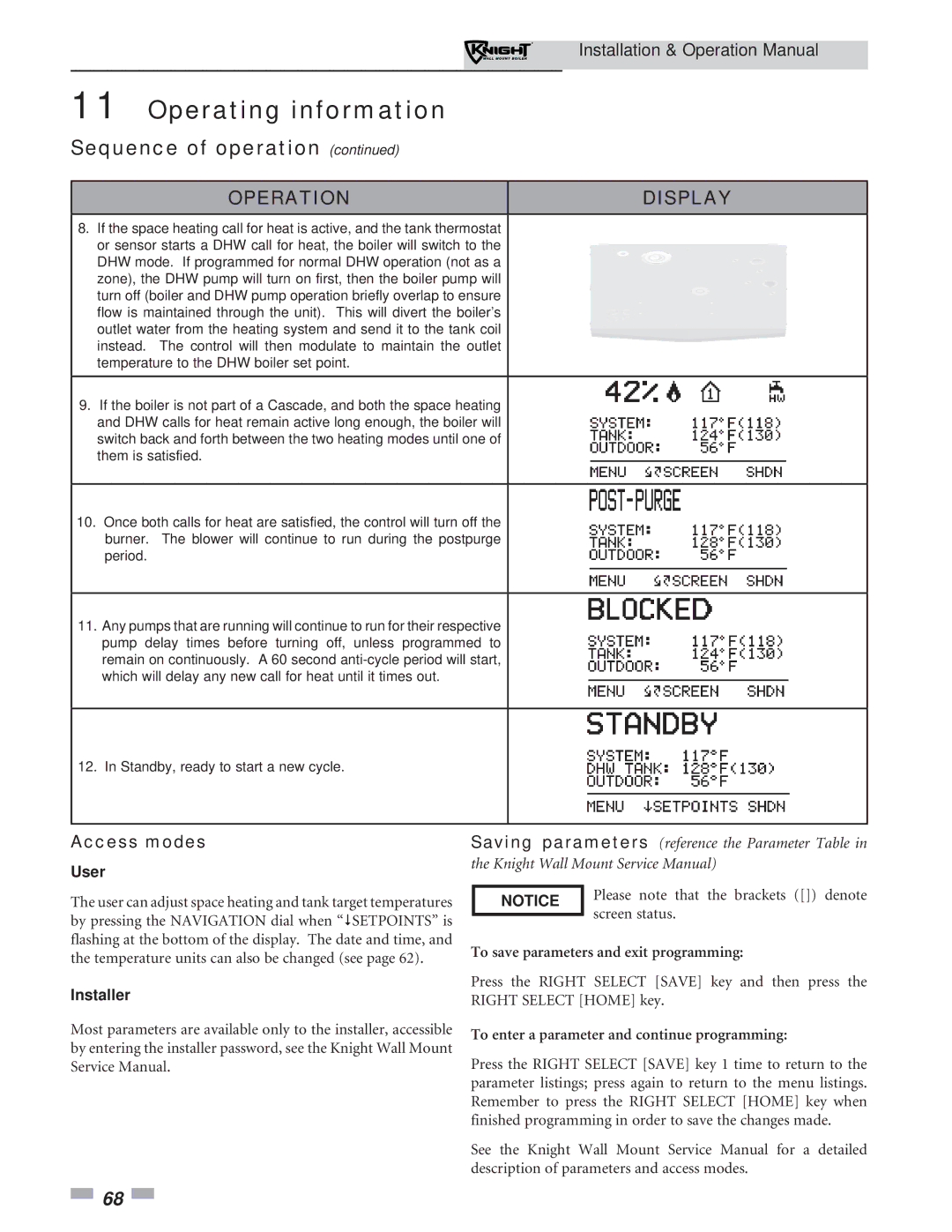 Lochinvar 51-211 operation manual Access modes, User, Installer 