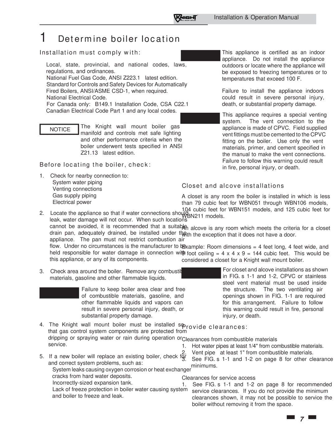 Lochinvar 51-211 Determine boiler location, Installation must comply with, Before locating the boiler, check 