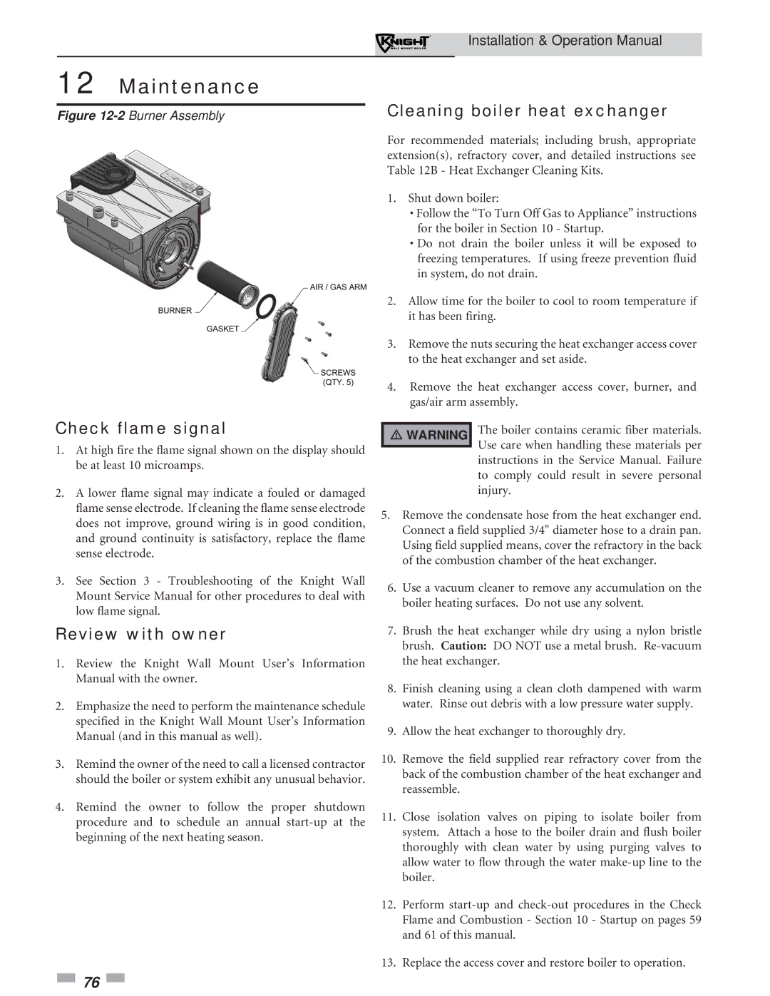 Lochinvar 51-211 operation manual Check flame signal, Review with owner, Cleaning boiler heat exchanger 