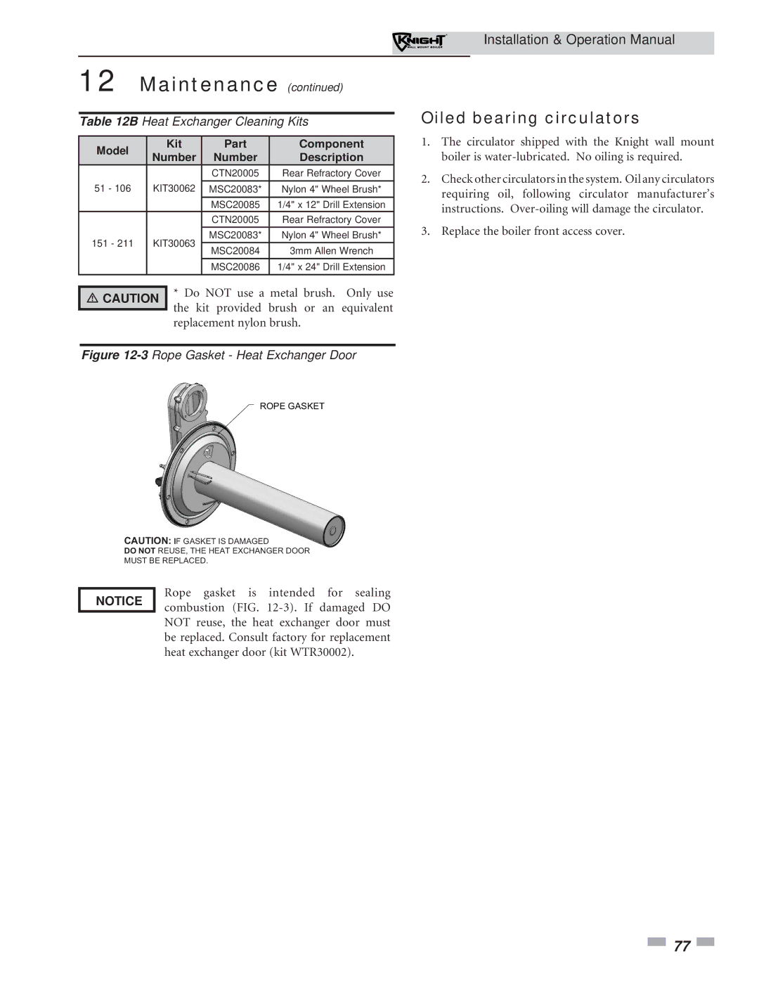 Lochinvar 51-211 operation manual Oiled bearing circulators, Heat Exchanger Cleaning Kits 