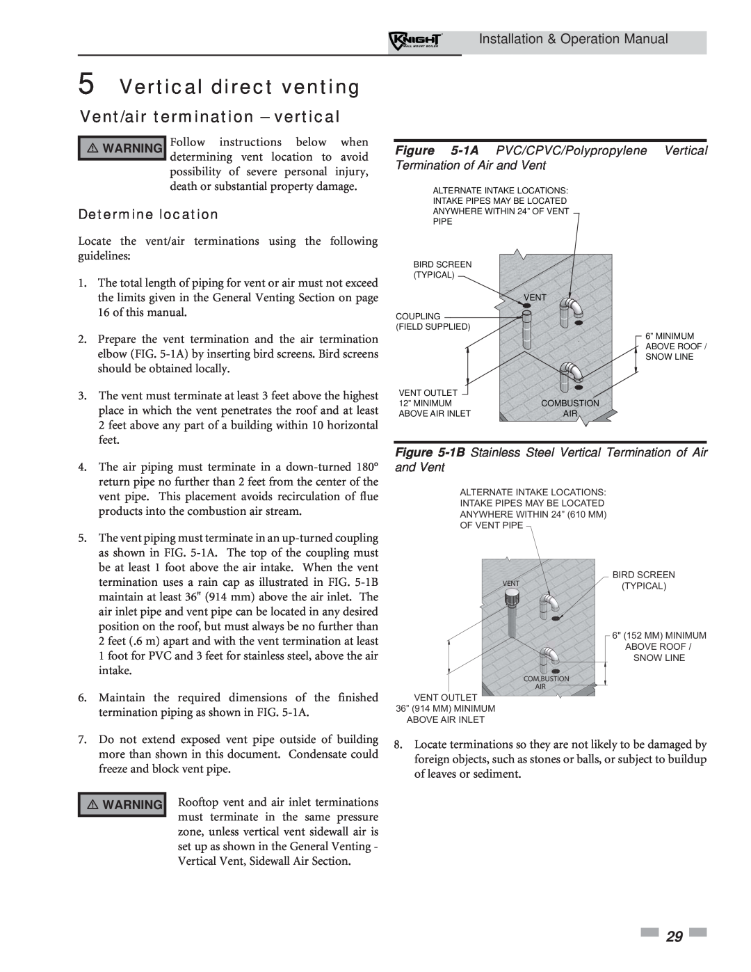Lochinvar 51-211 operation manual Vertical direct venting, Vent/air termination - vertical, Determine location 