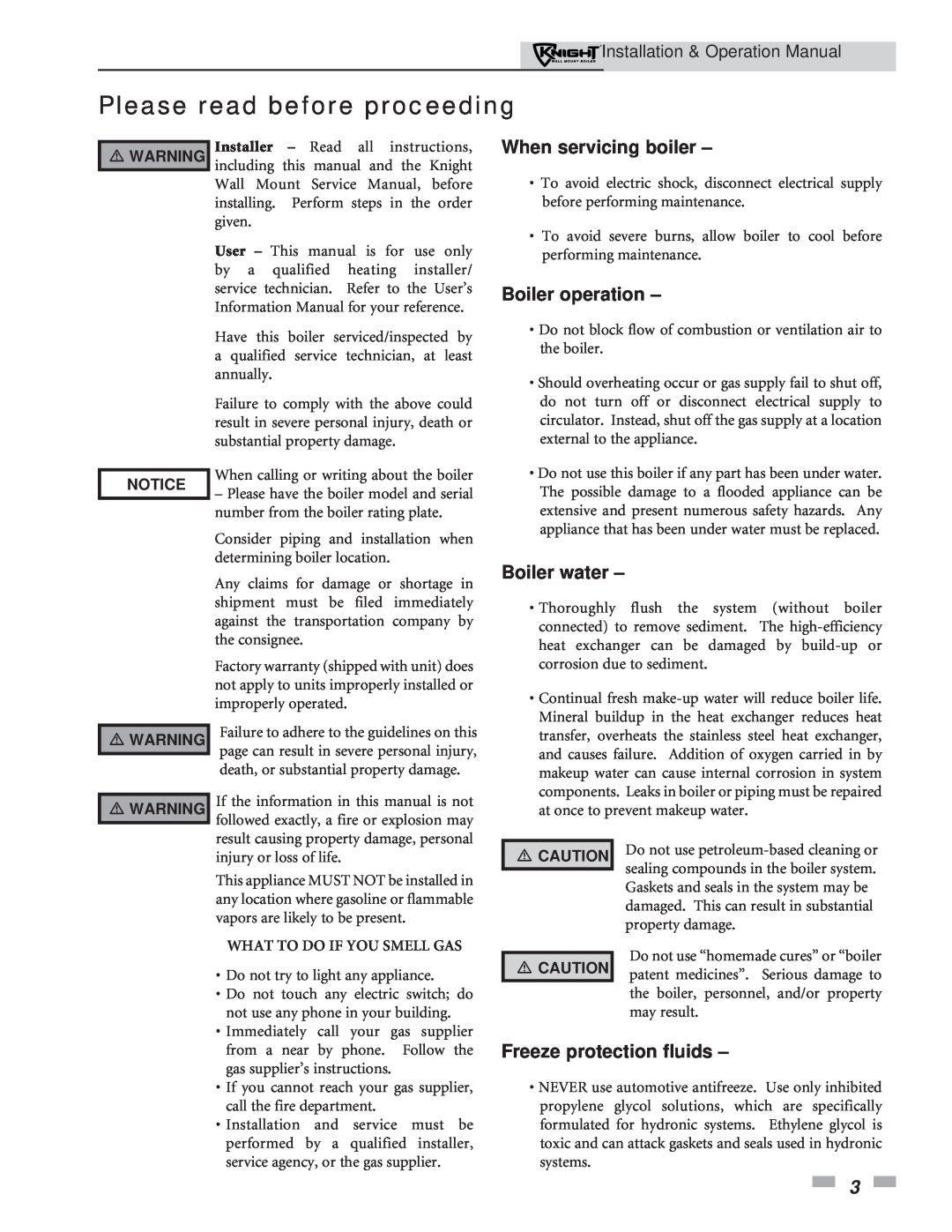 Lochinvar 51-211 operation manual Please read before proceeding, When servicing boiler, Boiler operation, Boiler water 
