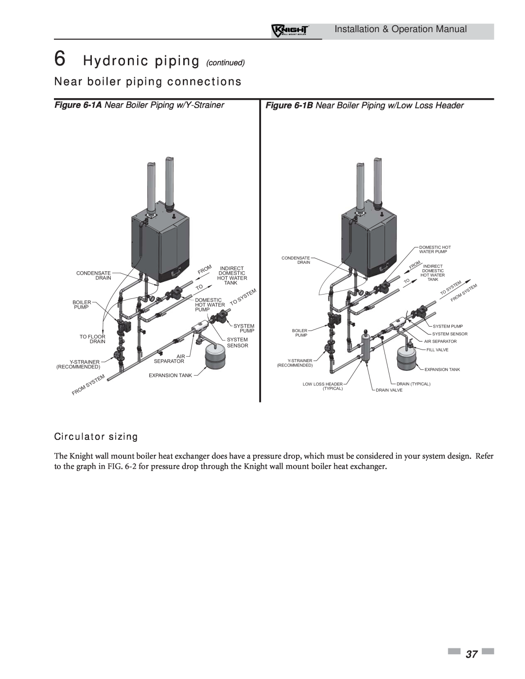 Lochinvar 51-211 operation manual Hydronic piping continued, Near boiler piping connections, Circulator sizing 