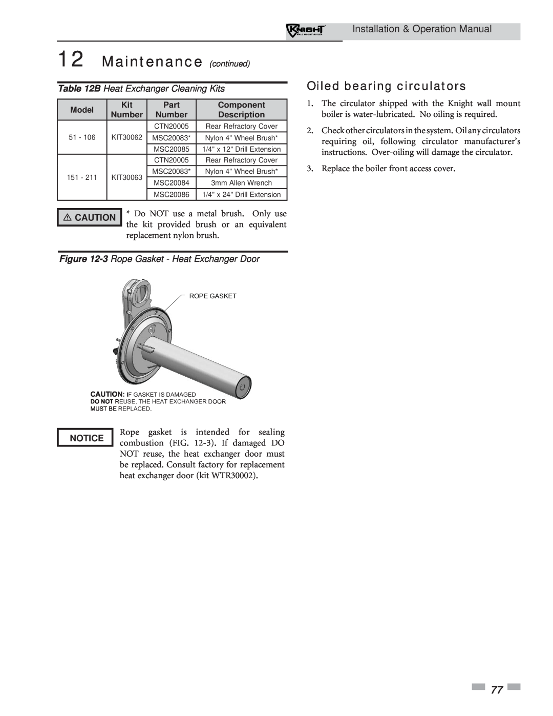 Lochinvar 51-211 Oiled bearing circulators, B Heat Exchanger Cleaning Kits, 3 Rope Gasket - Heat Exchanger Door 