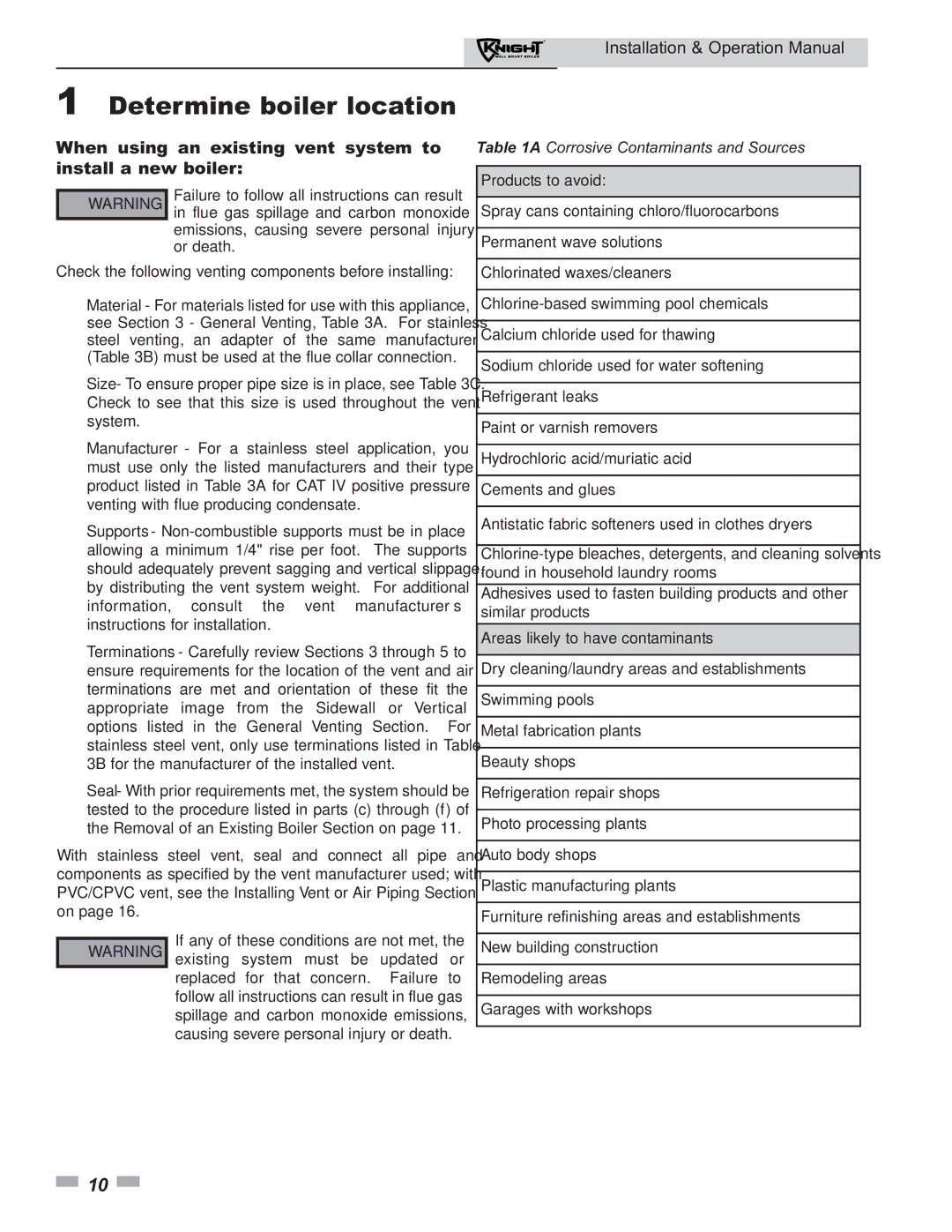 Lochinvar 51 operation manual When using an existing vent system to install a new boiler, Products to avoid 