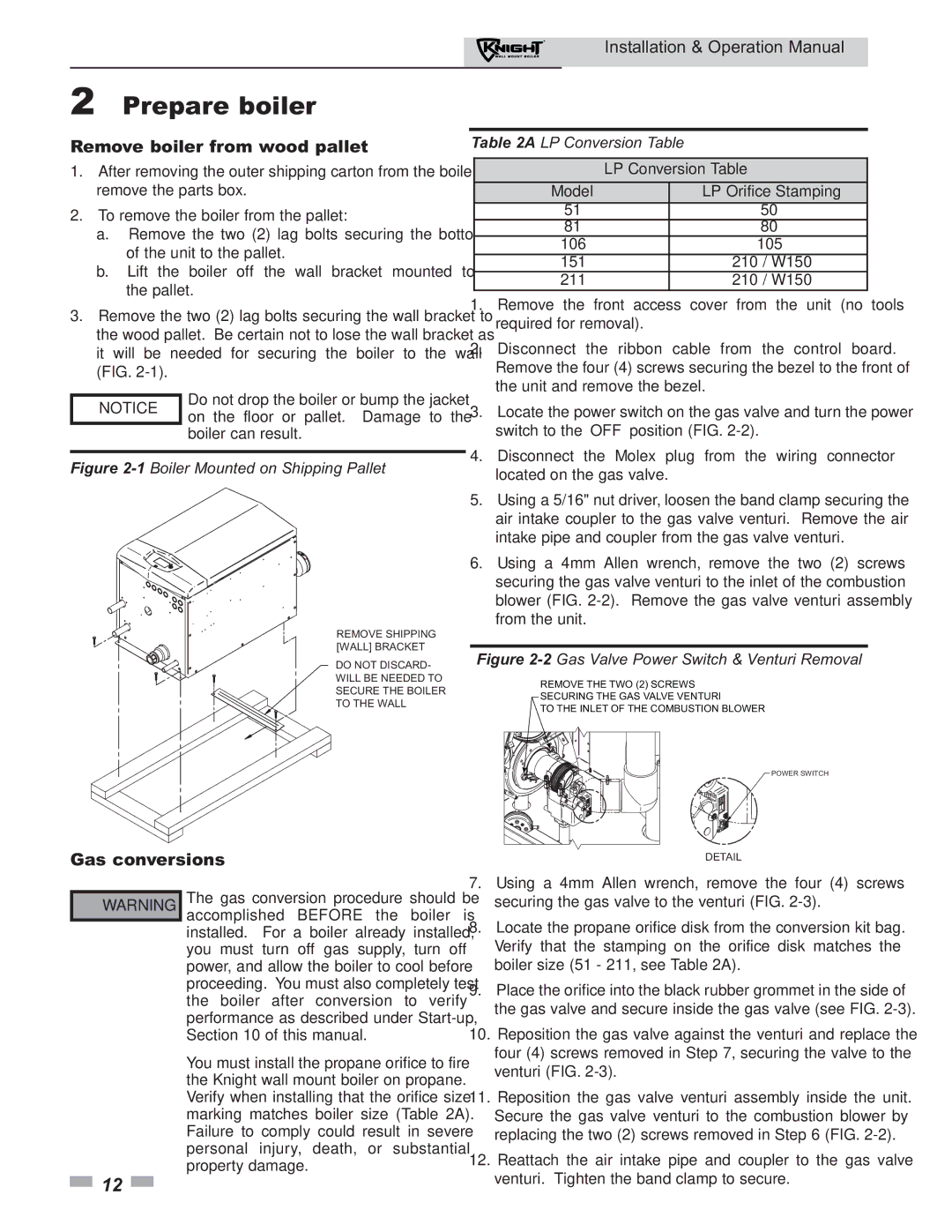 Lochinvar 51 operation manual Prepare boiler, Remove boiler from wood pallet, Gas conversions 
