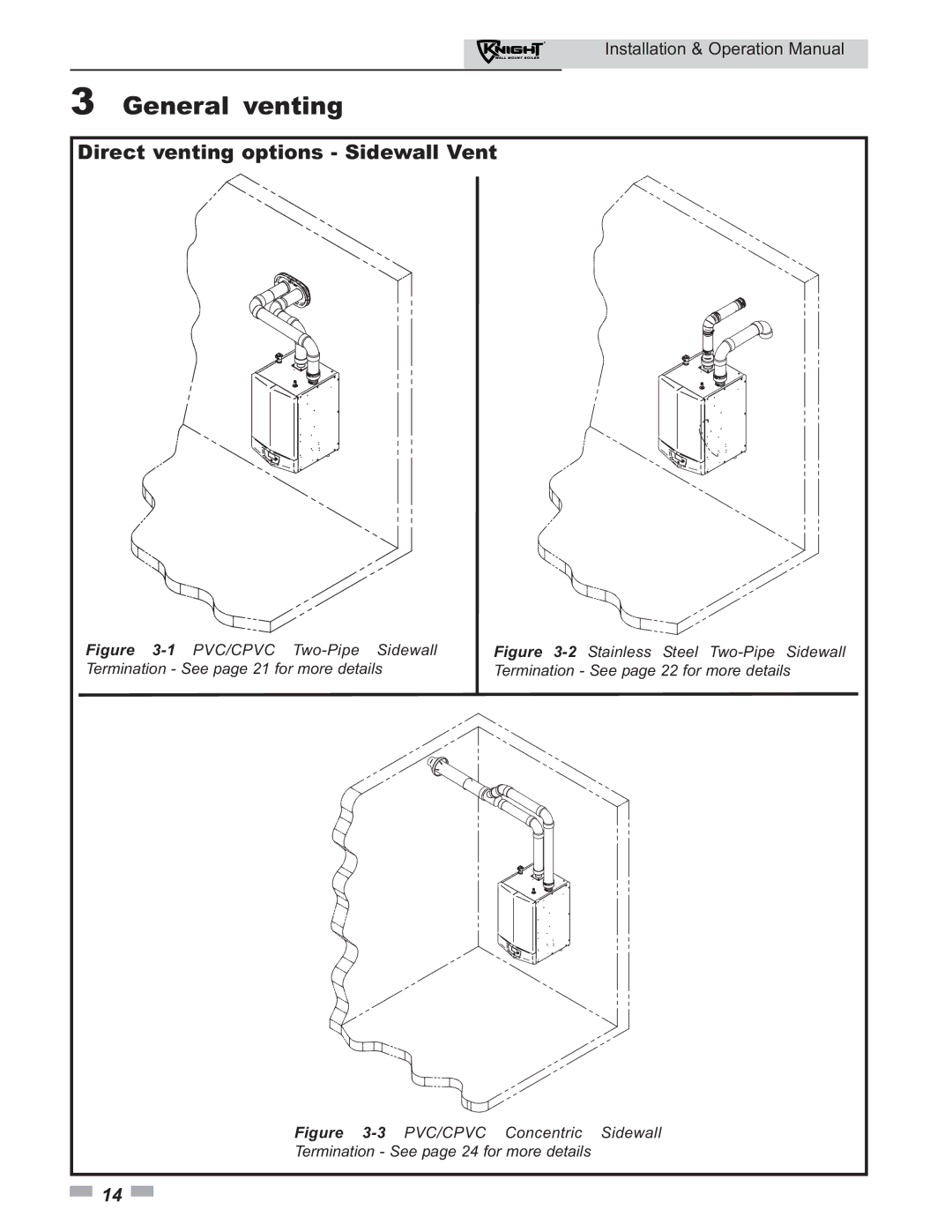 Lochinvar 51 operation manual General venting, Direct venting options Sidewall Vent 