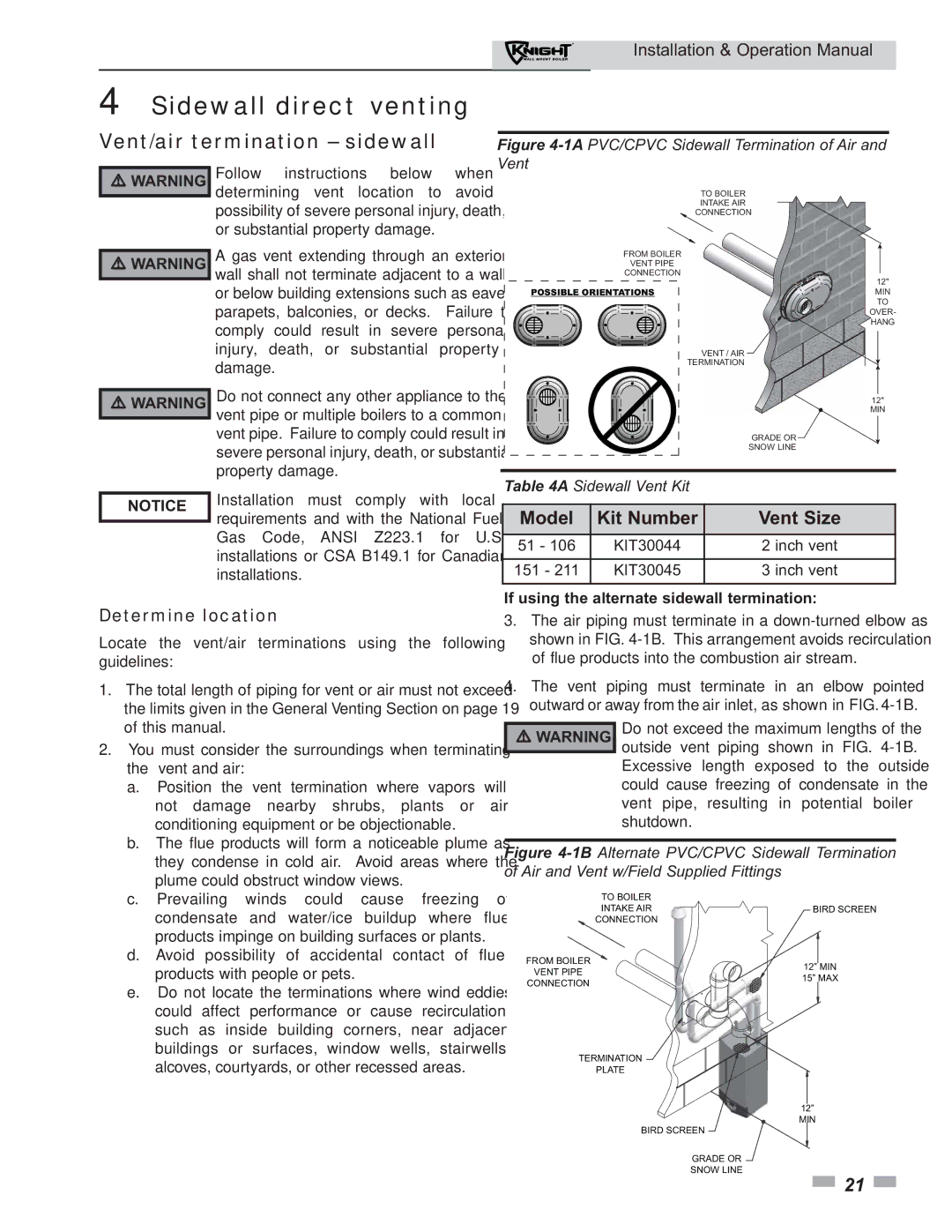 Lochinvar 51 operation manual Sidewall direct venting, Vent/air termination sidewall, Vent Size, Determine location 