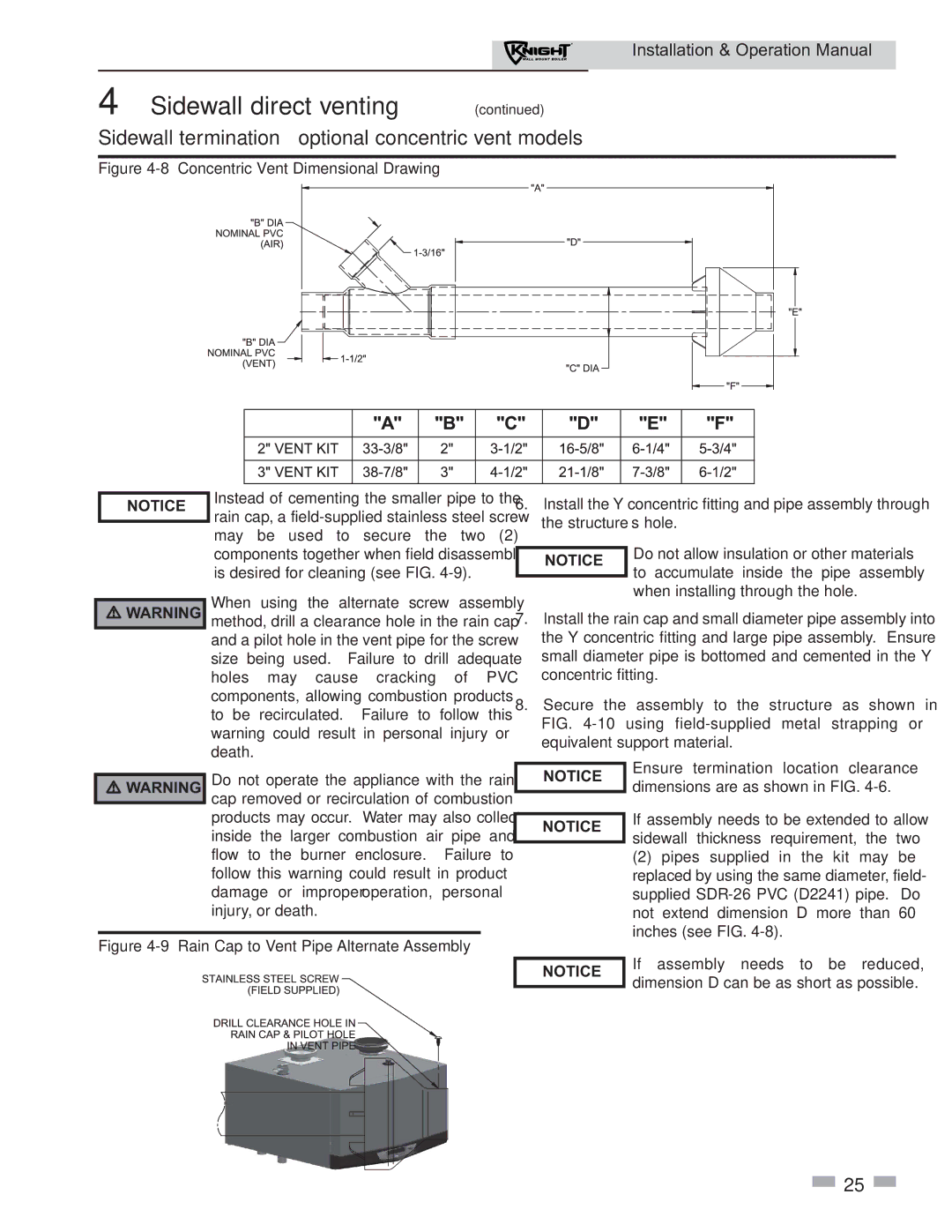 Lochinvar 51 operation manual Sidewall termination optional concentric vent models, 8Concentric Vent Dimensional Drawing 