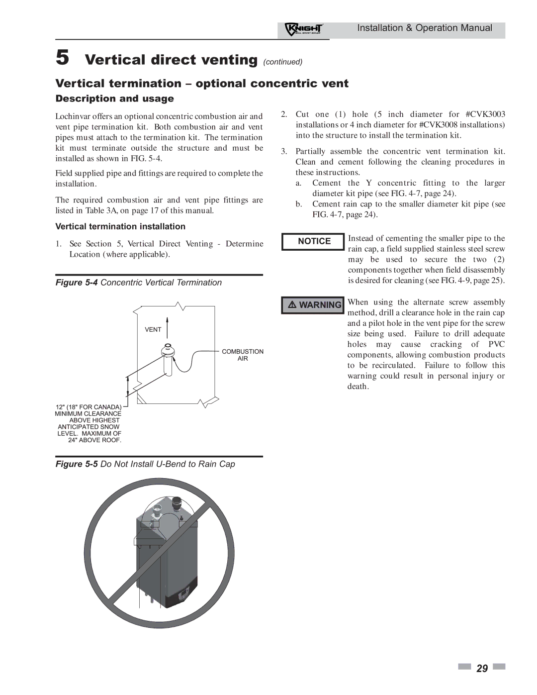 Lochinvar 51 operation manual Vertical termination optional concentric vent, Vertical termination installation 