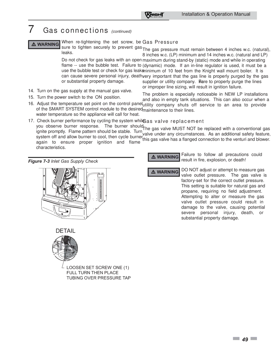 Lochinvar 51 operation manual Gas Pressure, Gas valve replacement 