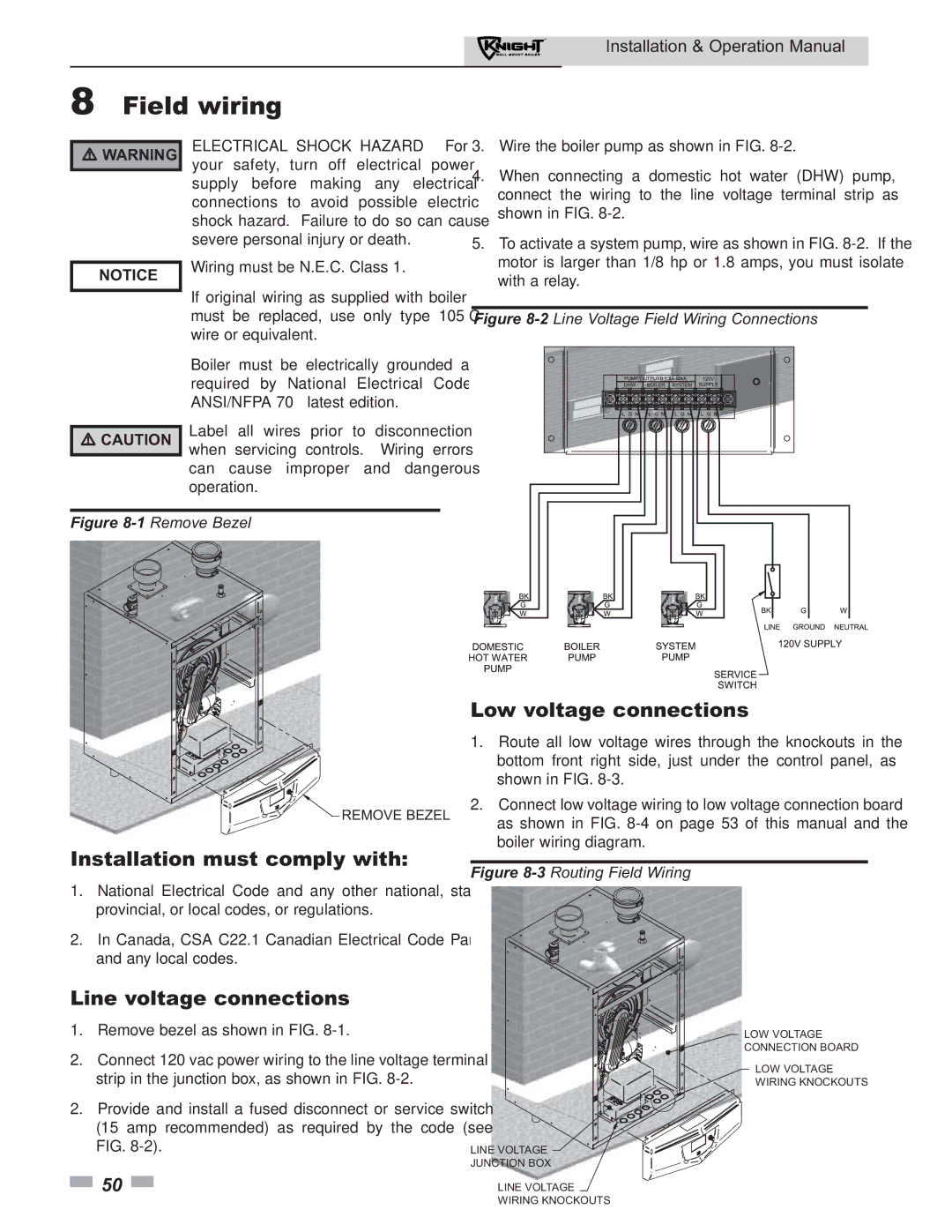 Lochinvar 51 Field wiring, Installation must comply with, Line voltage connections, Low voltage connections 