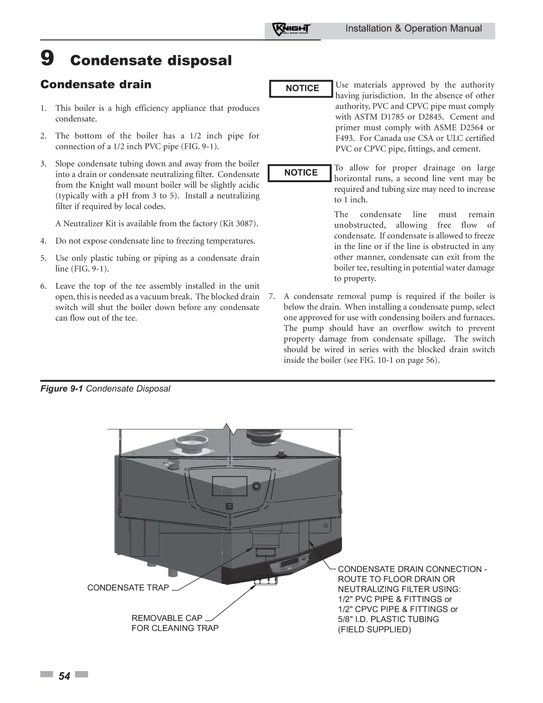 Lochinvar 51 operation manual Condensate disposal, Condensate drain 