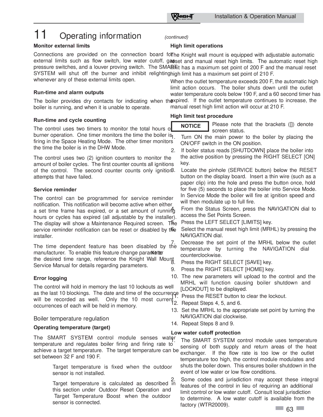 Lochinvar 51 operation manual Boiler temperature regulation 