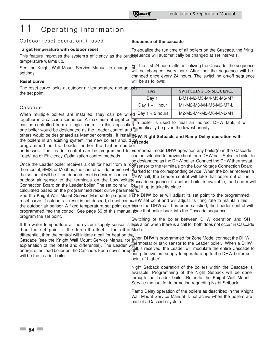 Lochinvar 51 operation manual Outdoor reset operation, if used, Cascade 