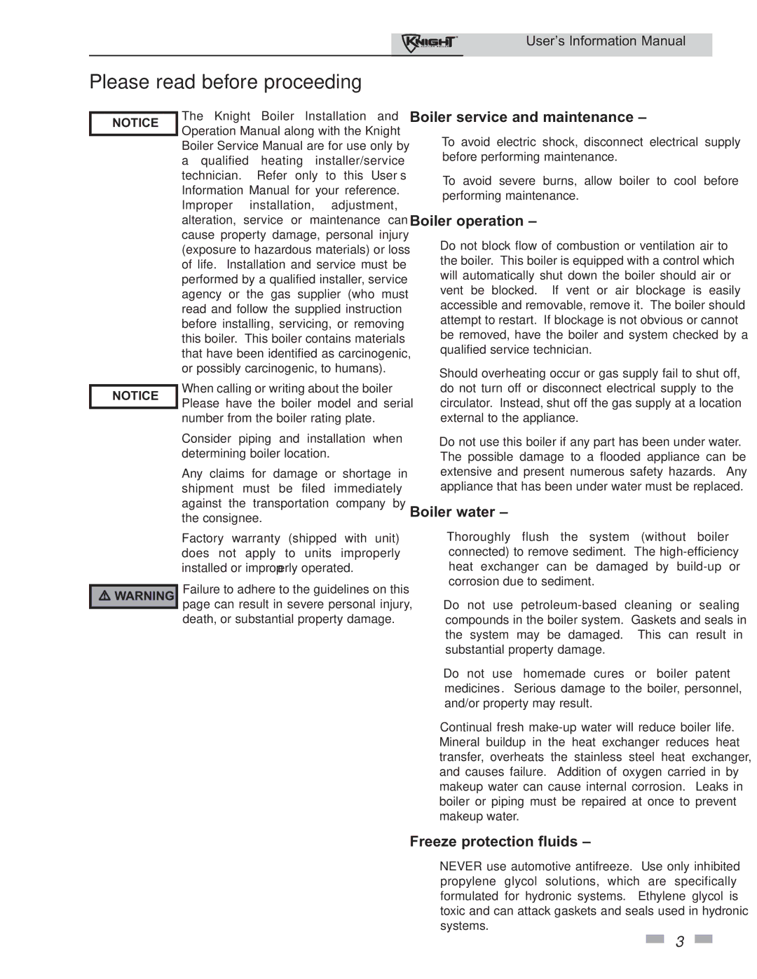 Lochinvar 80 - 285 manual Please read before proceeding, Boiler service and maintenance 