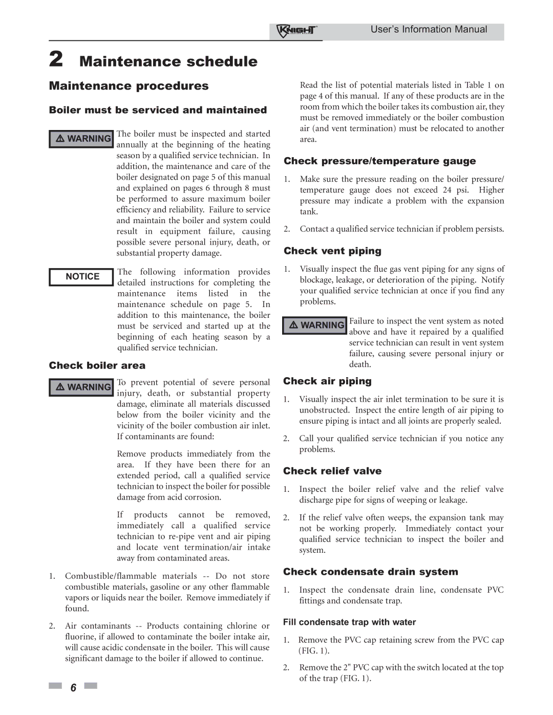 Lochinvar 80 - 285 manual Maintenance schedule 