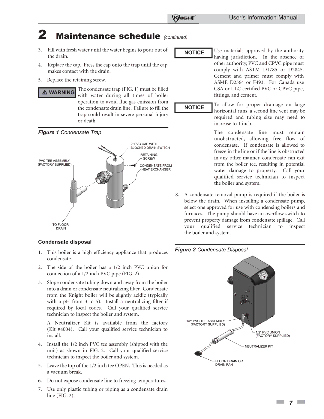 Lochinvar 80 - 285 manual Condensate Trap, Condensate disposal 