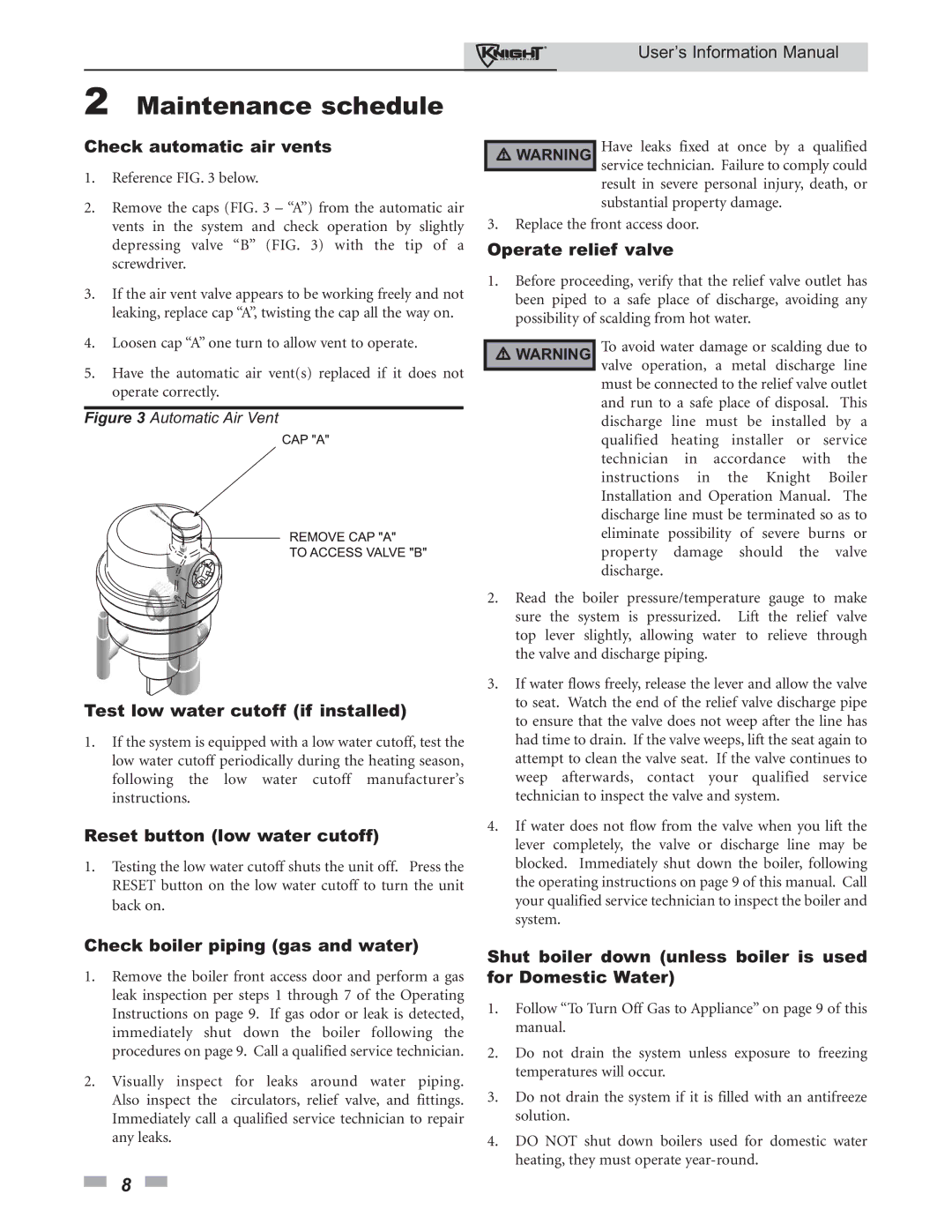 Lochinvar 80 - 285 manual Check automatic air vents, Operate relief valve, Test low water cutoff if installed 