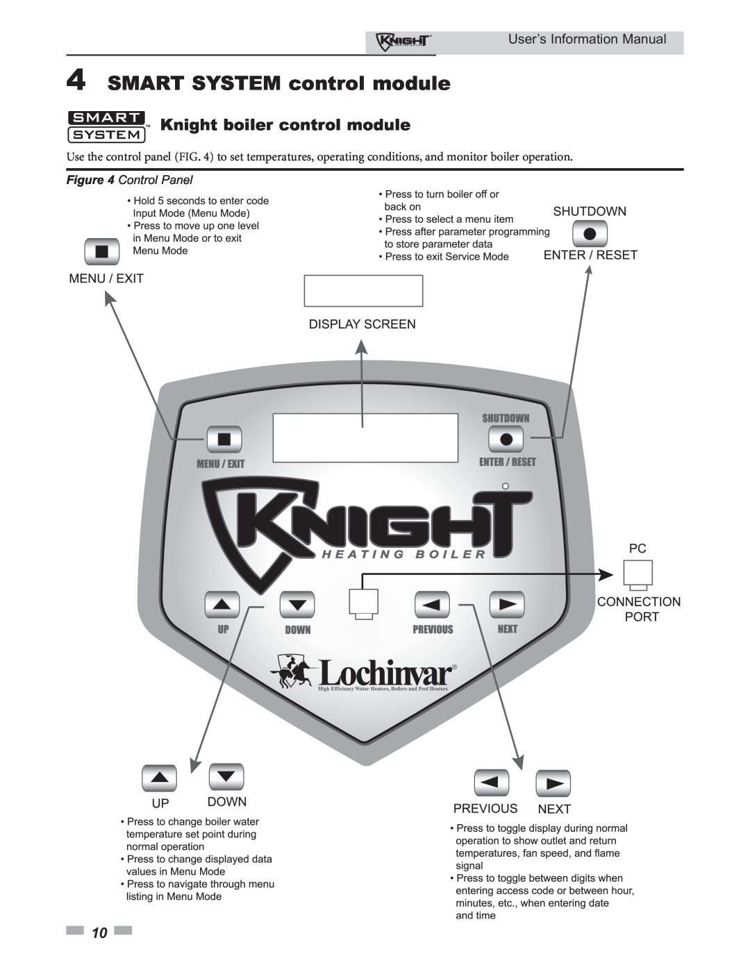 Lochinvar 80 - 285 SMART SYSTEM control module, Knight boiler control module, Control Panel, User’s Information Manual 