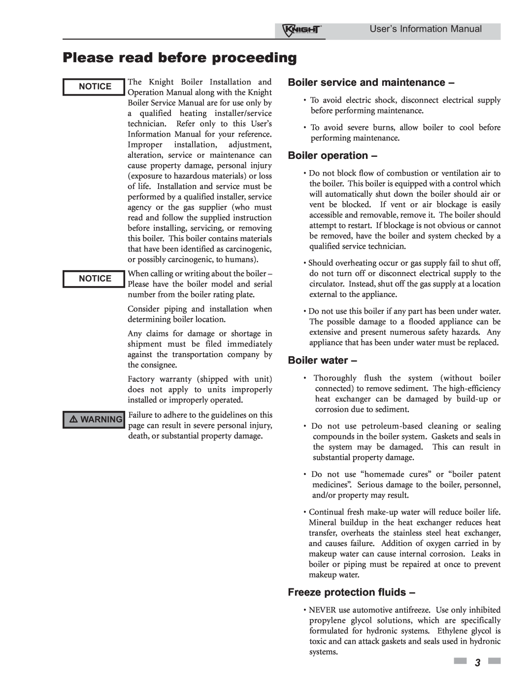 Lochinvar 80 - 285 manual Please read before proceeding, Boiler service and maintenance, Boiler operation, Boiler water 