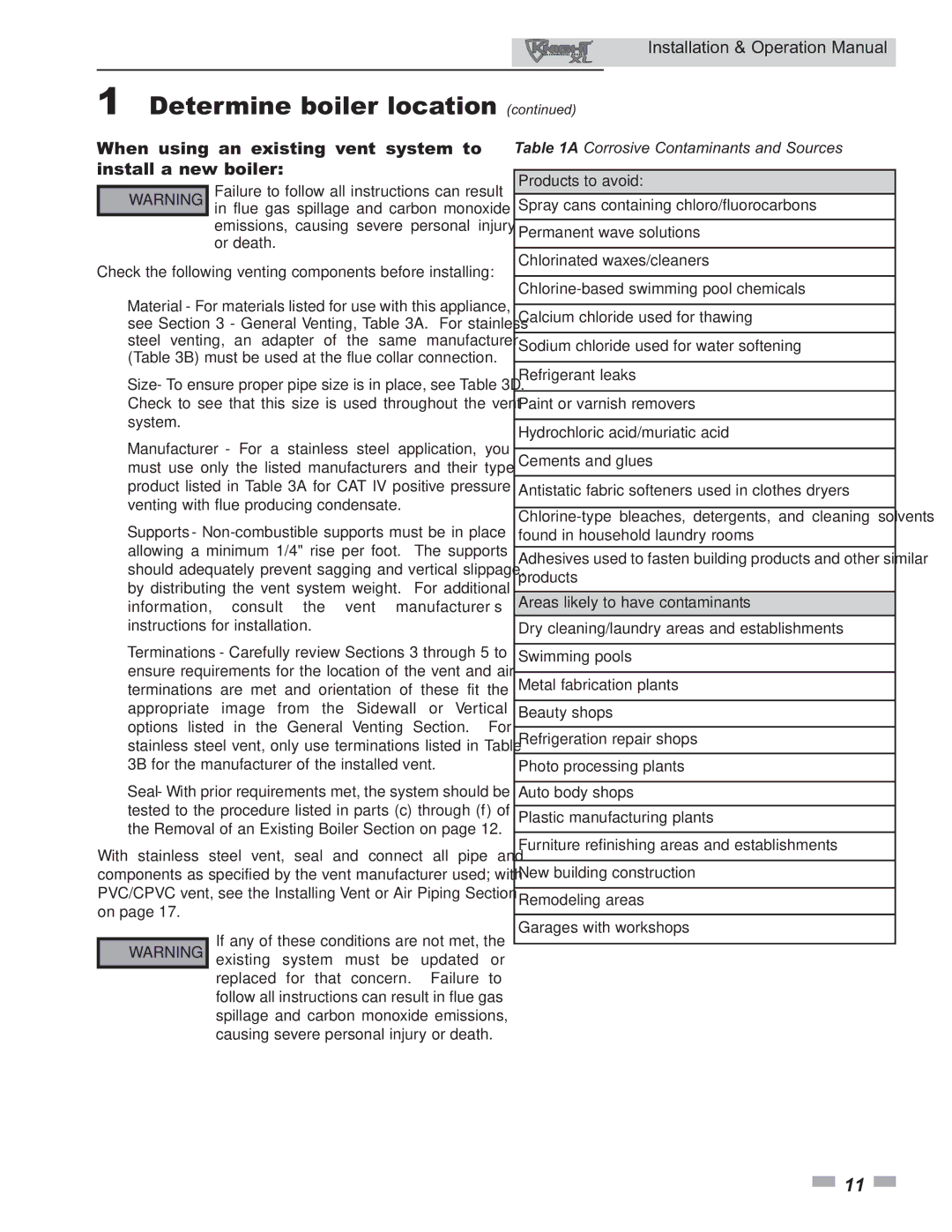 Lochinvar 800 operation manual When using an existing vent system to install a new boiler, Products to avoid 