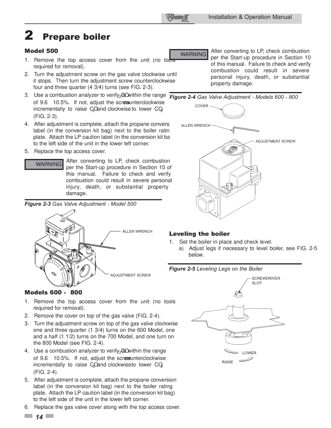 Lochinvar 800 operation manual Leveling the boiler, Models 600 