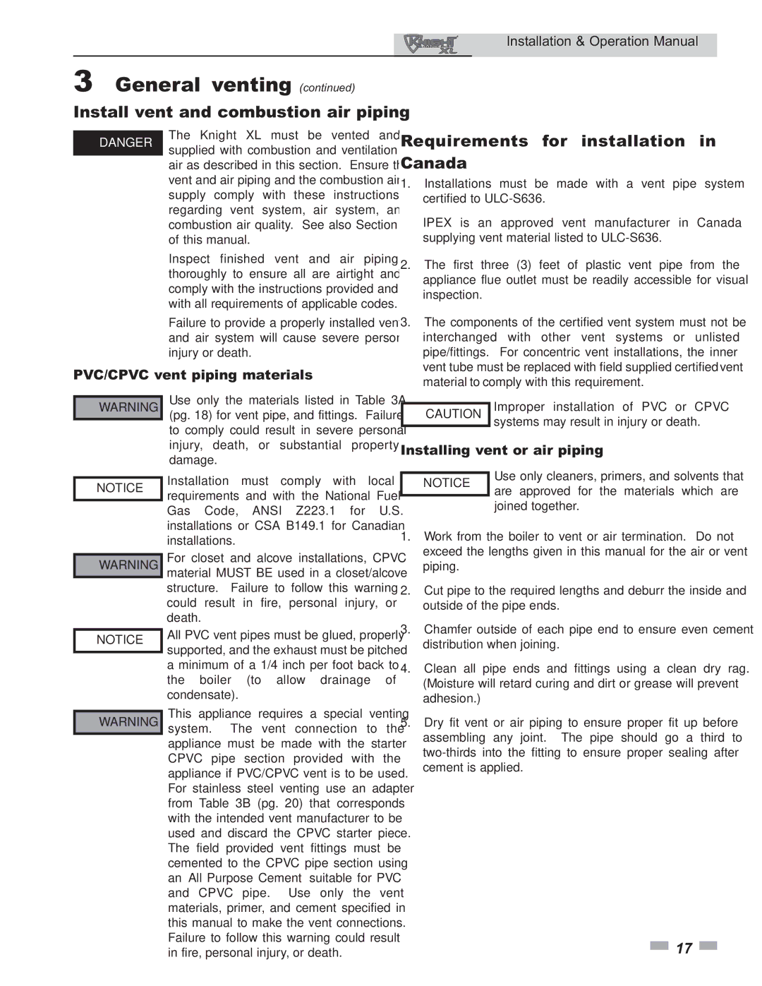 Lochinvar 800 General venting, Install vent and combustion air piping, Requirements for installation in Canada 