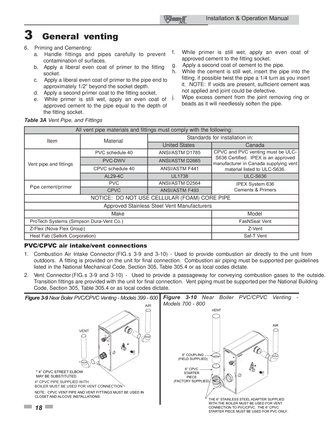 Lochinvar 800 operation manual PVC/CPVC air intake/vent connections, Approved Stainless Steel Vent Manufacturers, Make 