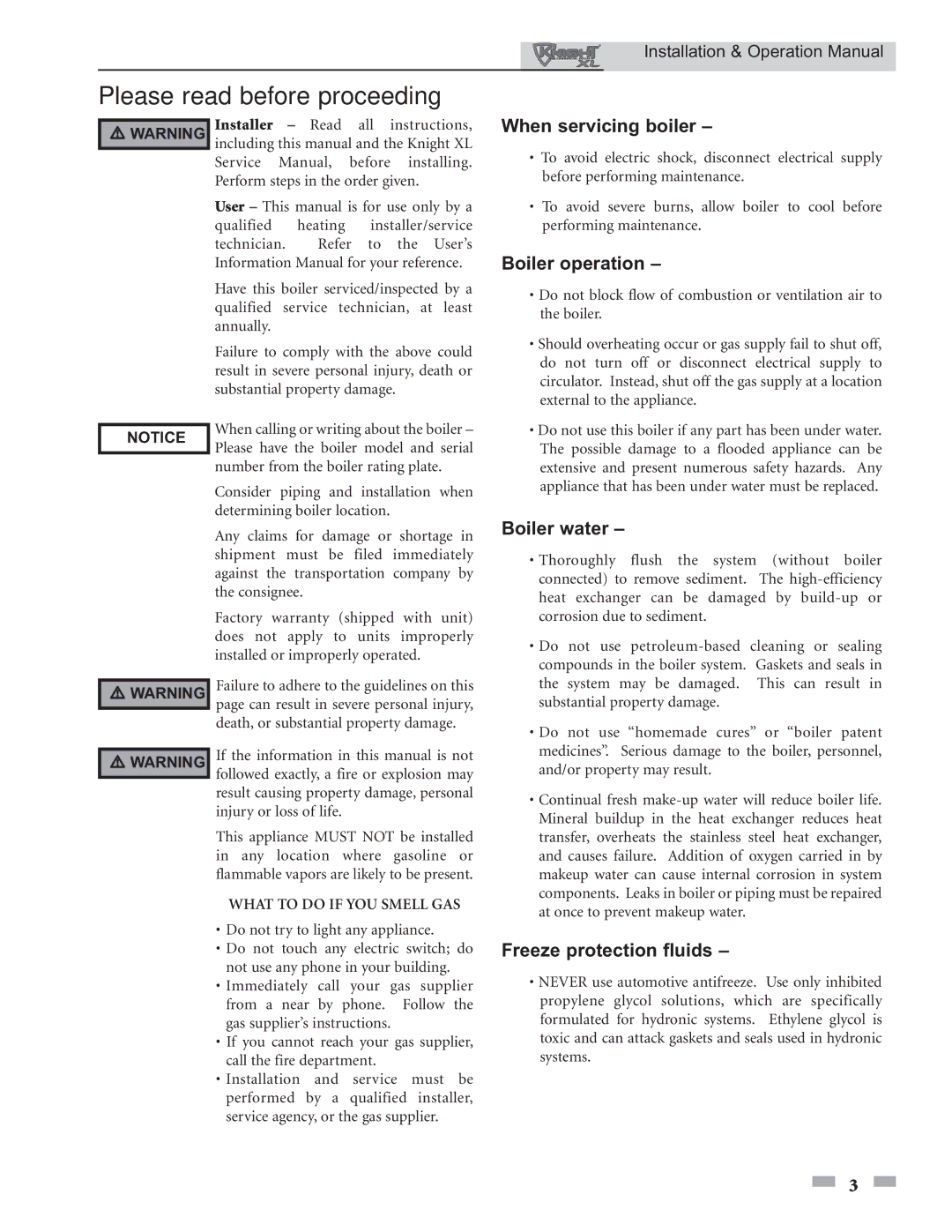 Lochinvar 800 operation manual Please read before proceeding, When servicing boiler 