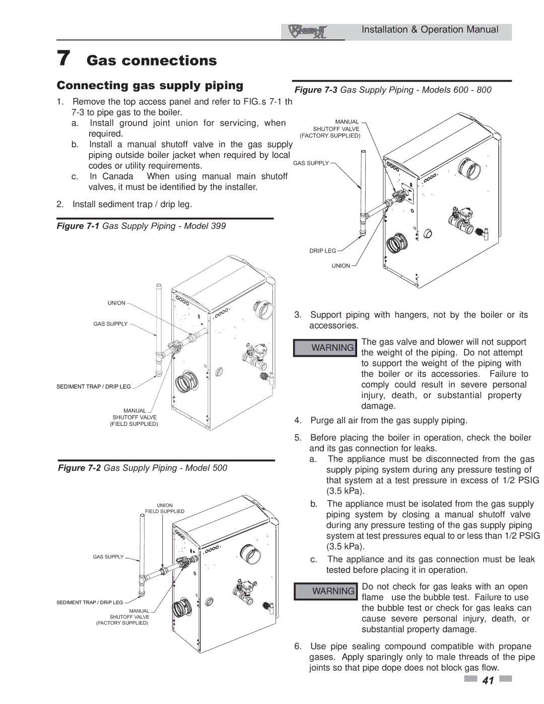 Lochinvar 800 operation manual Gas connections, Connecting gas supply piping 