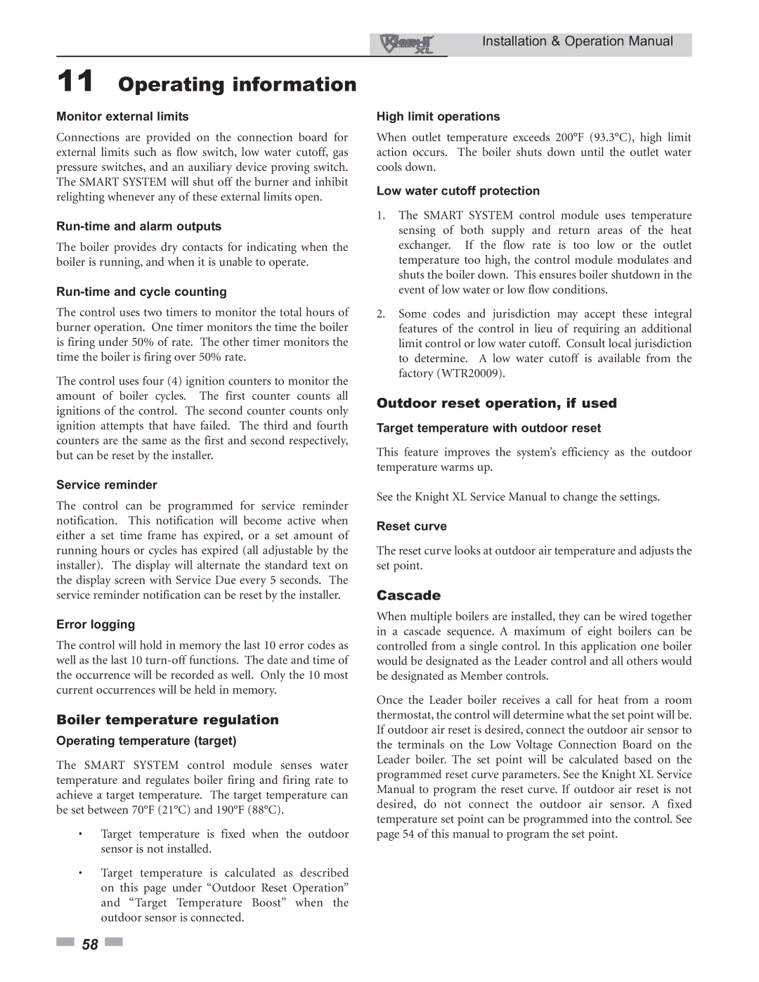 Lochinvar 800 operation manual Boiler temperature regulation, Outdoor reset operation, if used, Cascade 