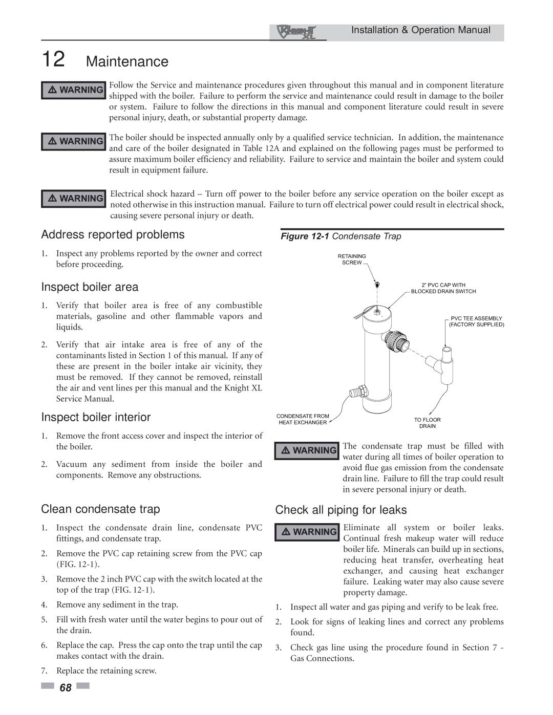 Lochinvar 800 operation manual Maintenance, Address reported problems, Inspect boiler area, Inspect boiler interior 