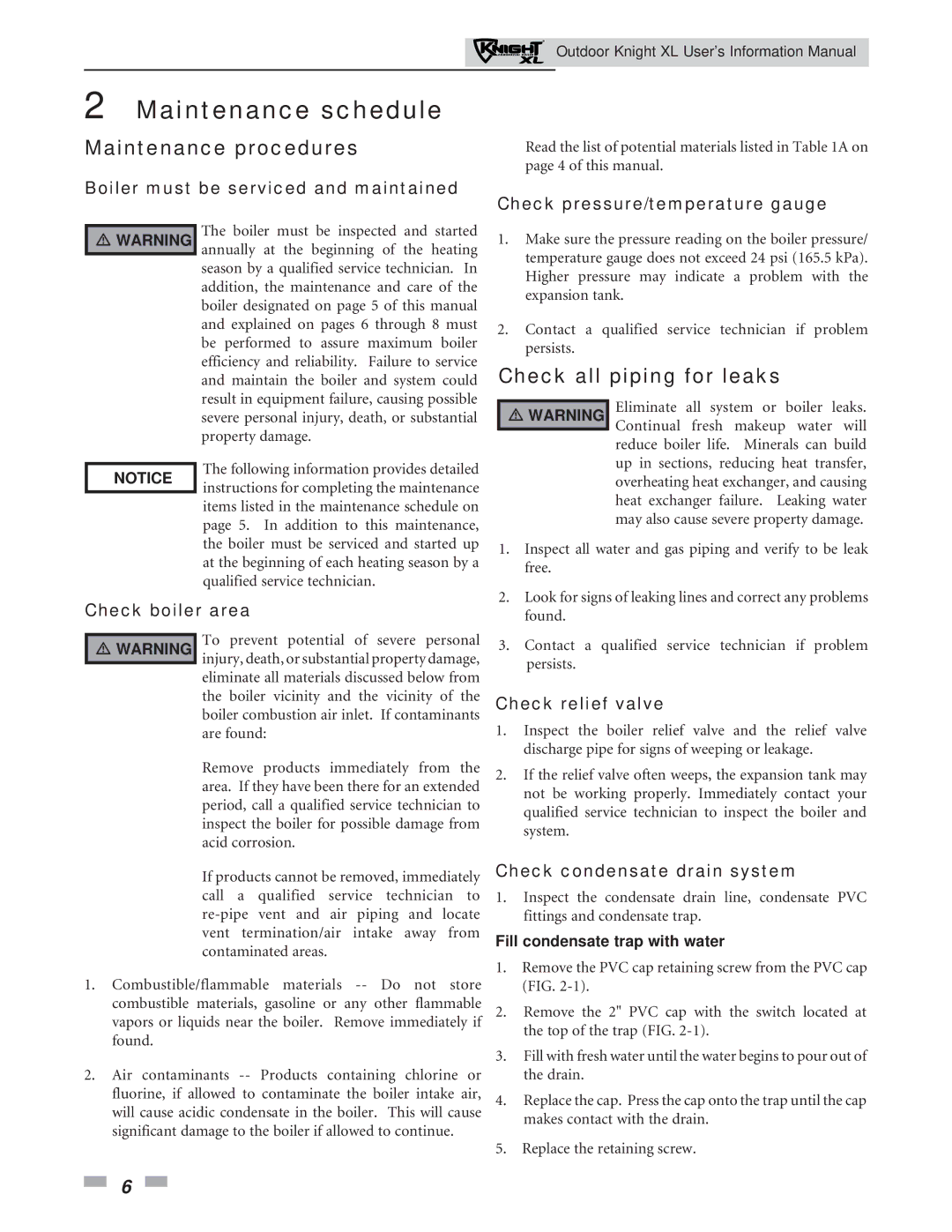 Lochinvar 801, 400 service manual Maintenance schedule, Fill condensate trap with water 