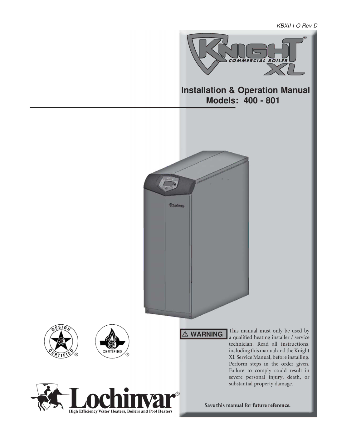 Lochinvar 801 operation manual Models 400 