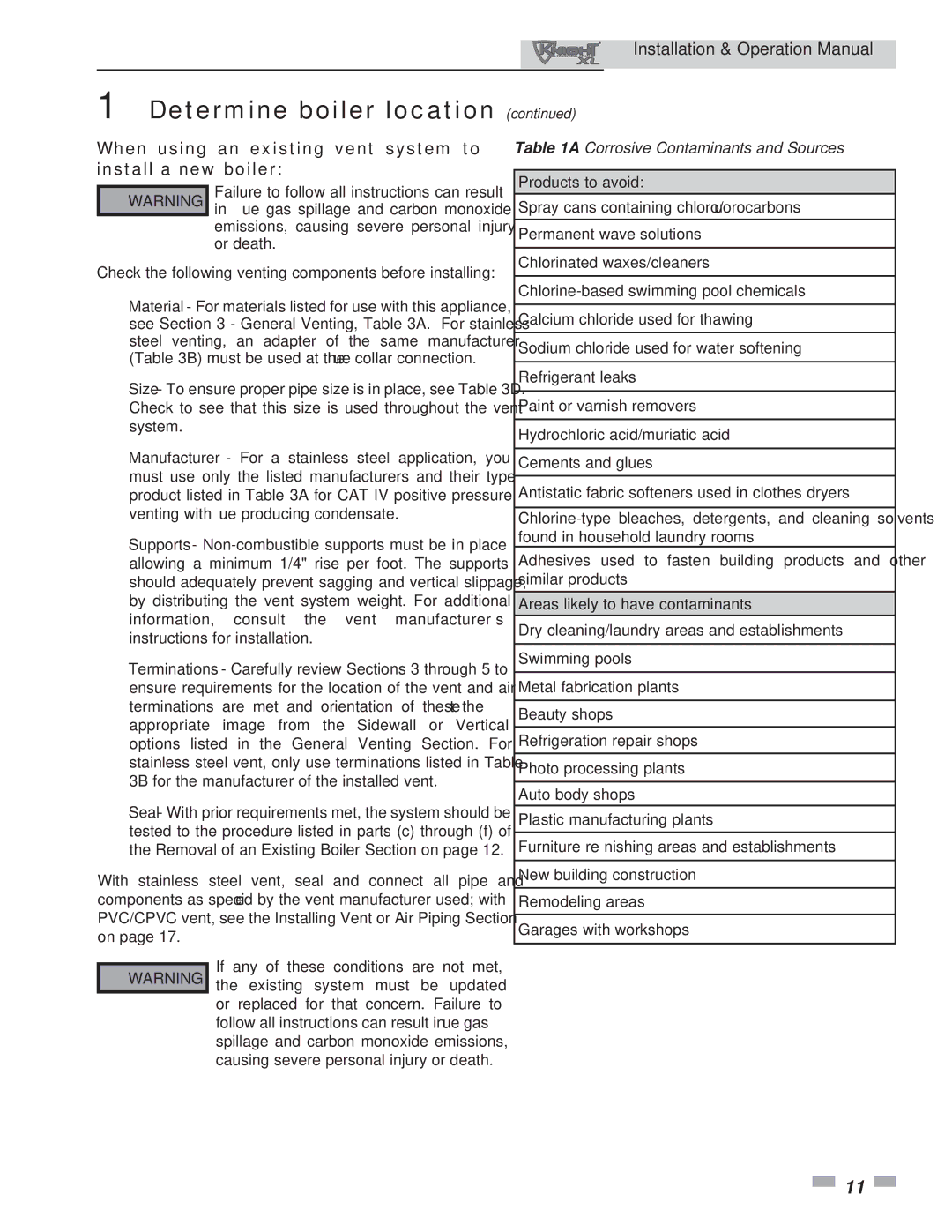 Lochinvar 400, 801 operation manual When using an existing vent system to install a new boiler, Products to avoid 