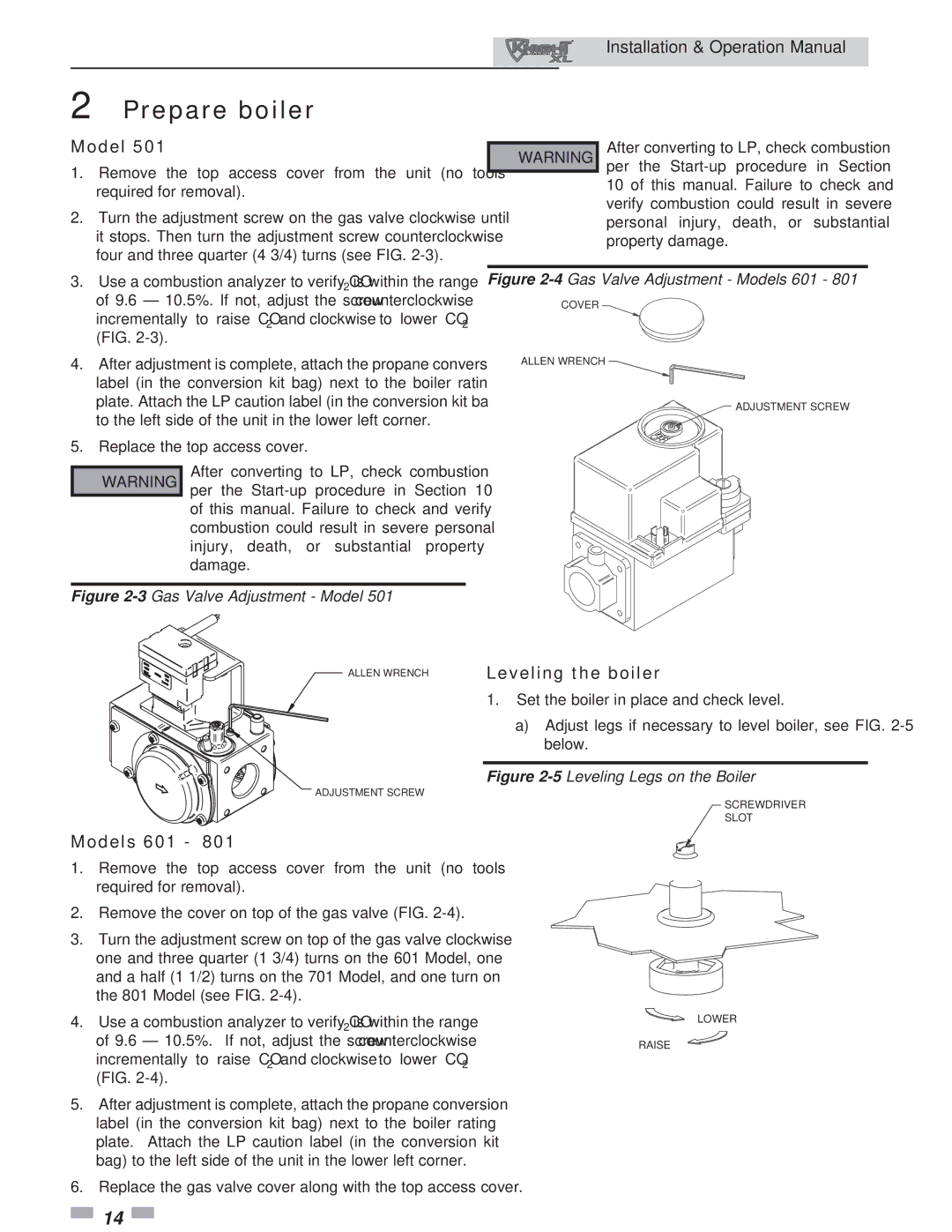 Lochinvar 801, 400 operation manual Models 601, Leveling the boiler 