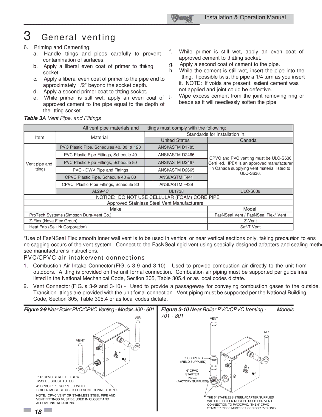 Lochinvar 801, 400 operation manual PVC/CPVC air intake/vent connections, Vent Pipe, and Fittings 