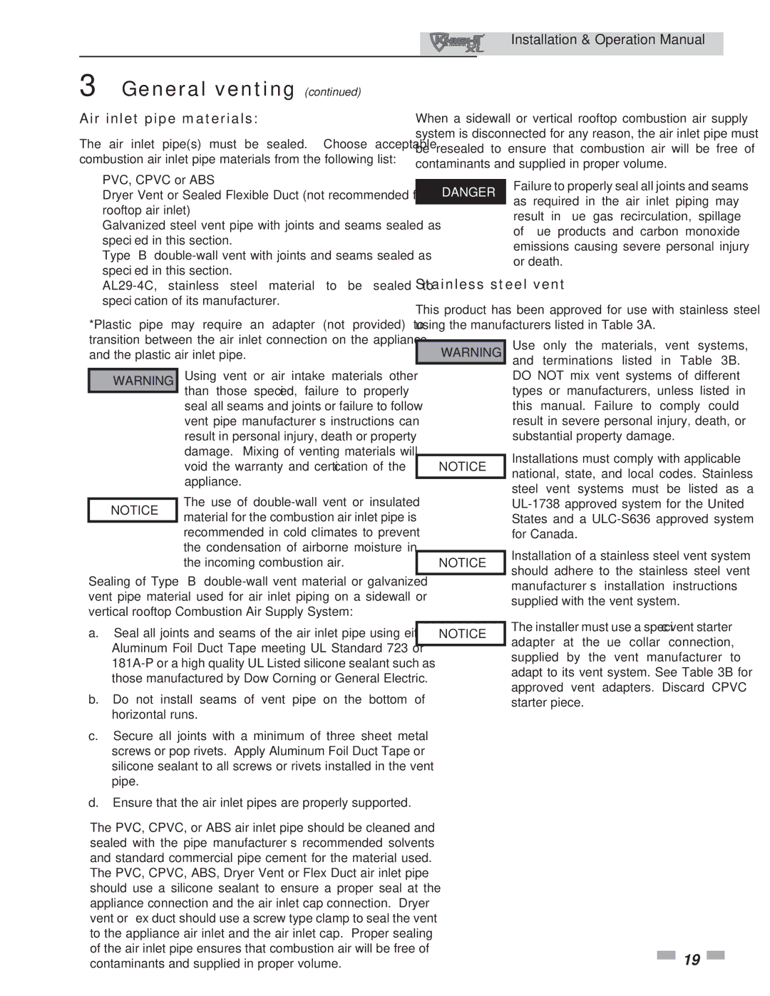 Lochinvar 400, 801 operation manual Air inlet pipe materials, Stainless steel vent 