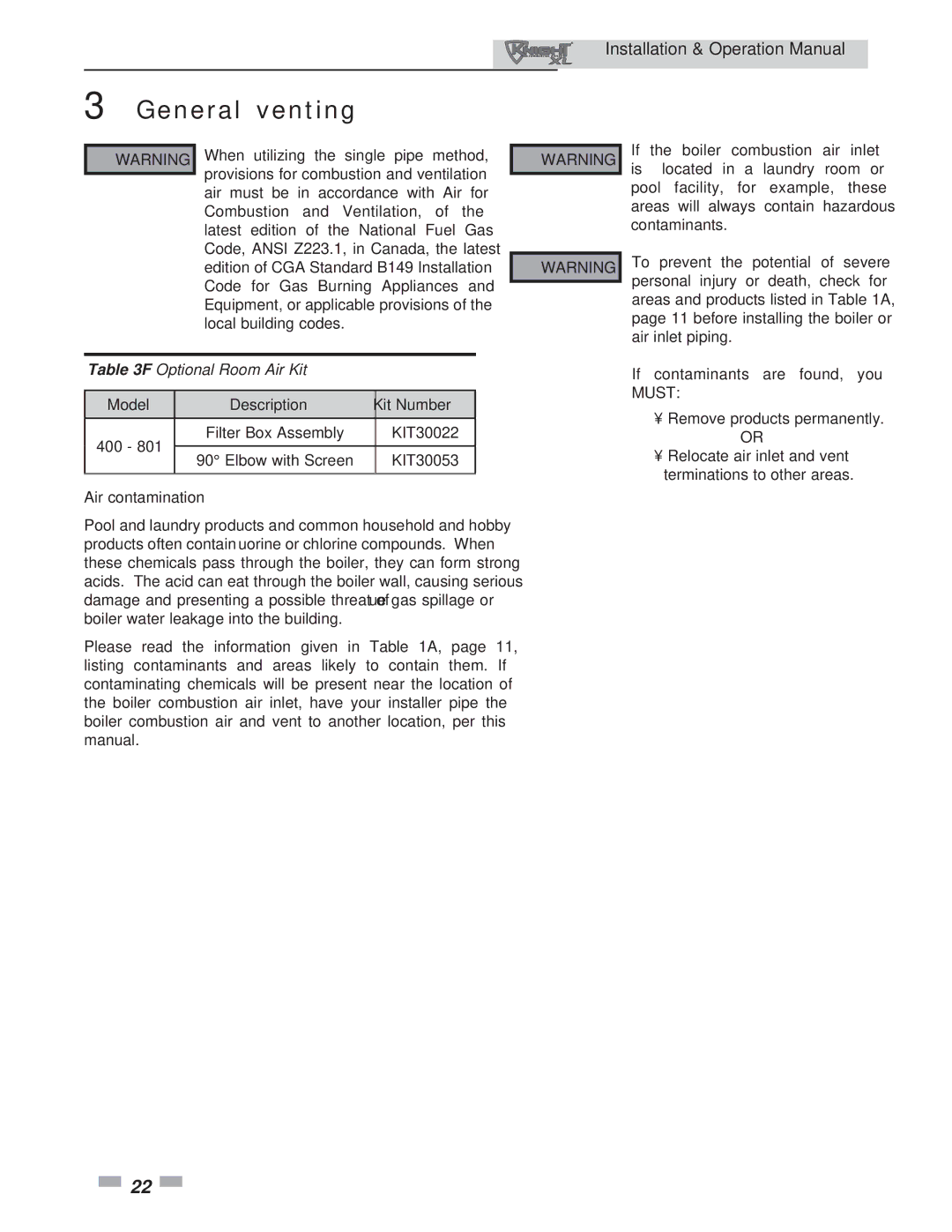 Lochinvar 801, 400 operation manual Model Description Kit Number, Air contamination 