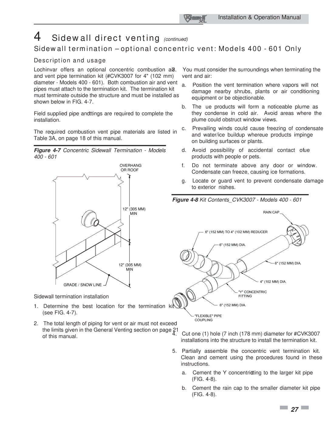 Lochinvar 400, 801 operation manual Description and usage, Sidewall termination installation 