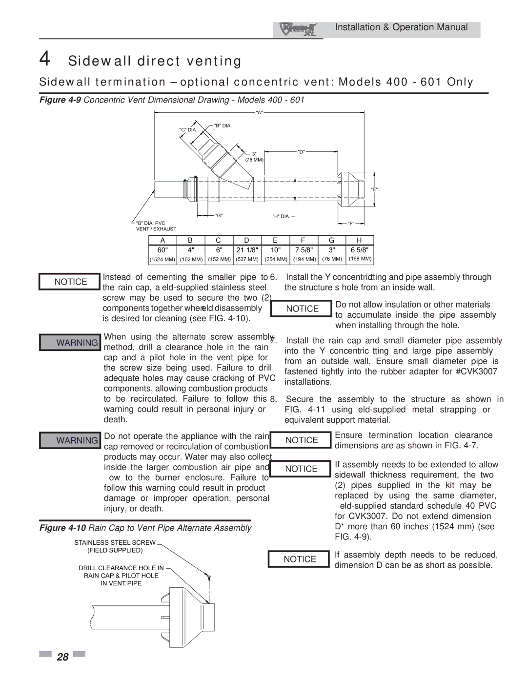 Lochinvar 801 operation manual 9Concentric Vent Dimensional Drawing Models 400 