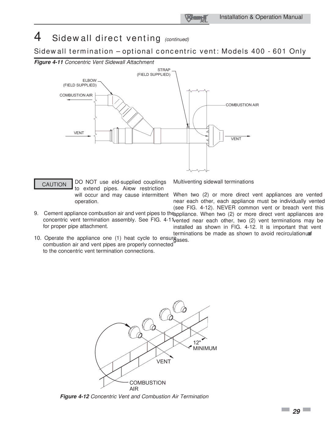 Lochinvar 400, 801 operation manual 11Concentric Vent Sidewall Attachment, Multiventing sidewall terminations 