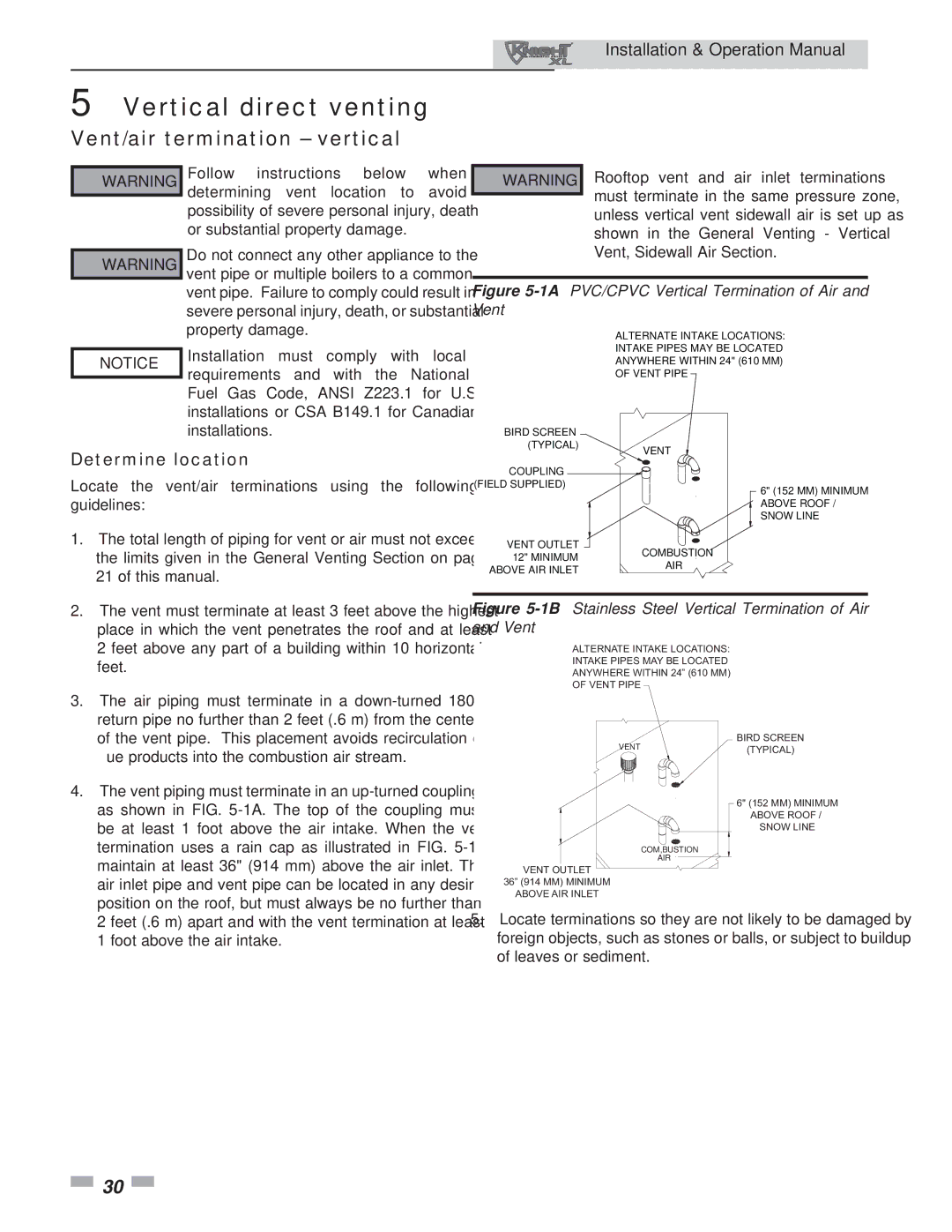 Lochinvar 801, 400 operation manual Vertical direct venting, Vent/air termination vertical 