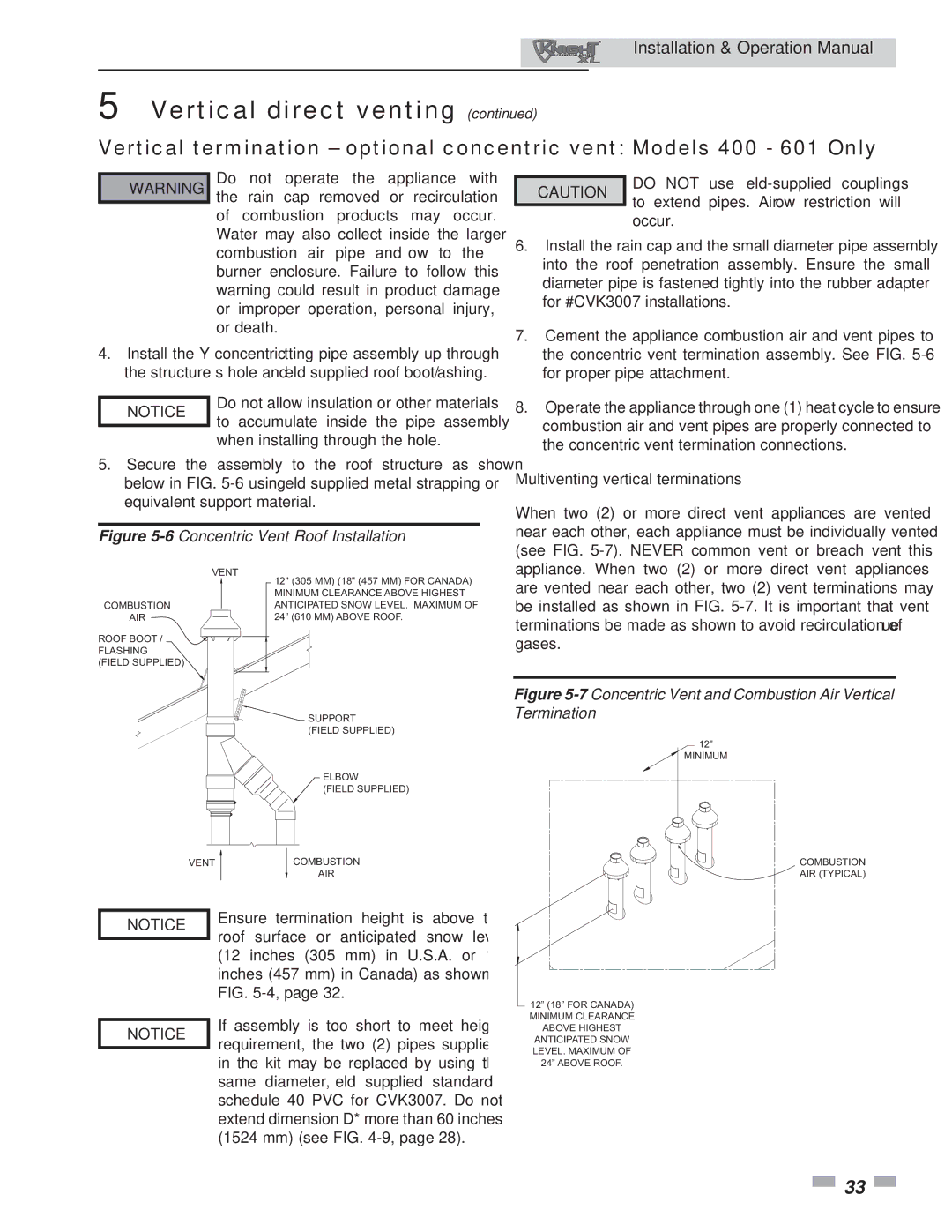 Lochinvar 400, 801 operation manual Multiventing vertical terminations, Mm see -9 