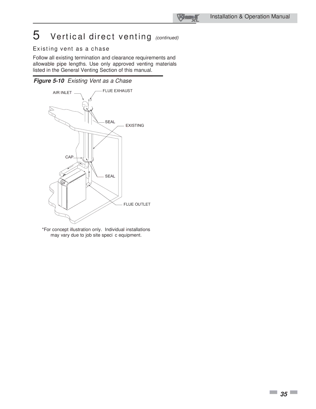 Lochinvar 400, 801 operation manual Existing vent as a chase, 10Existing Vent as a Chase 