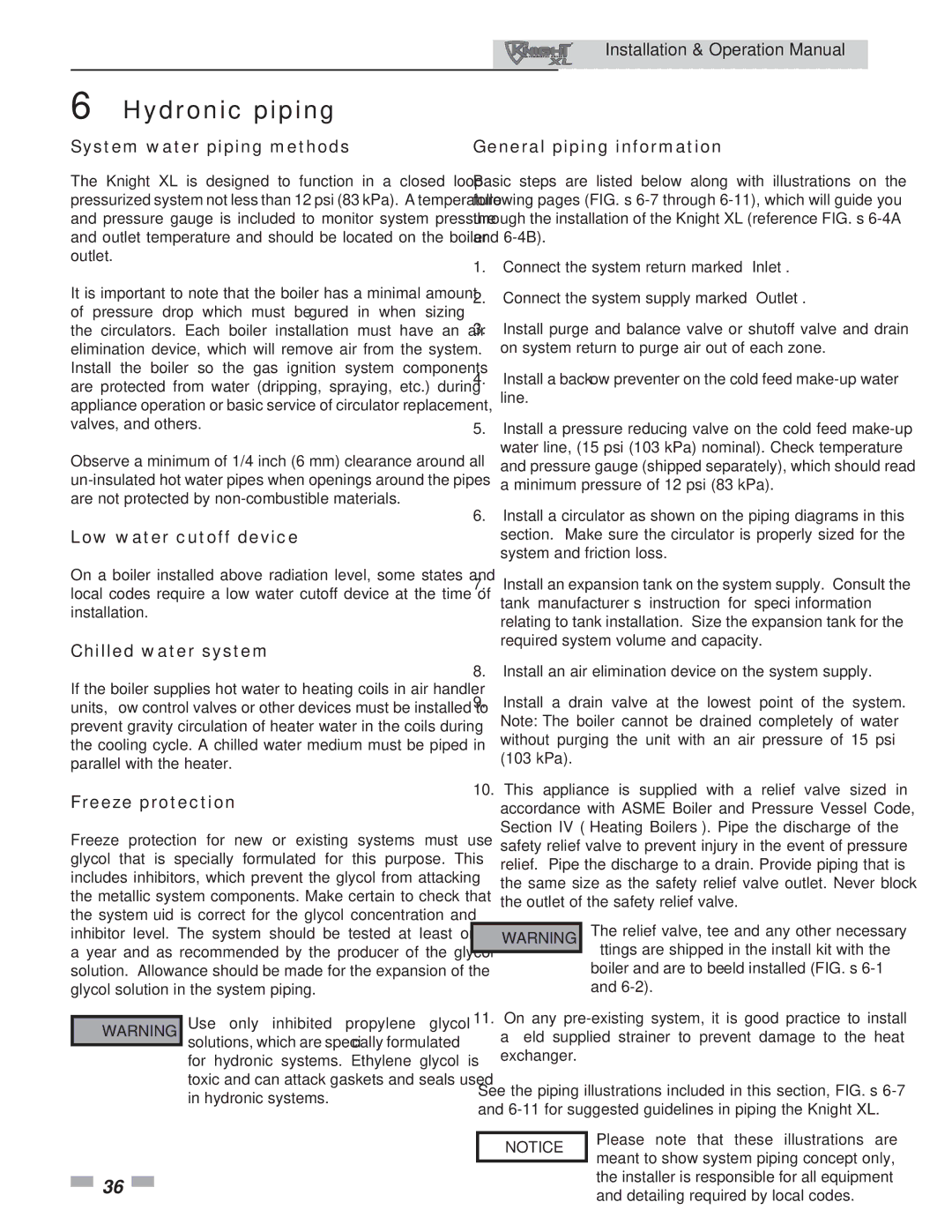 Lochinvar 801, 400 Hydronic piping, System water piping methods General piping information, Low water cutoff device 