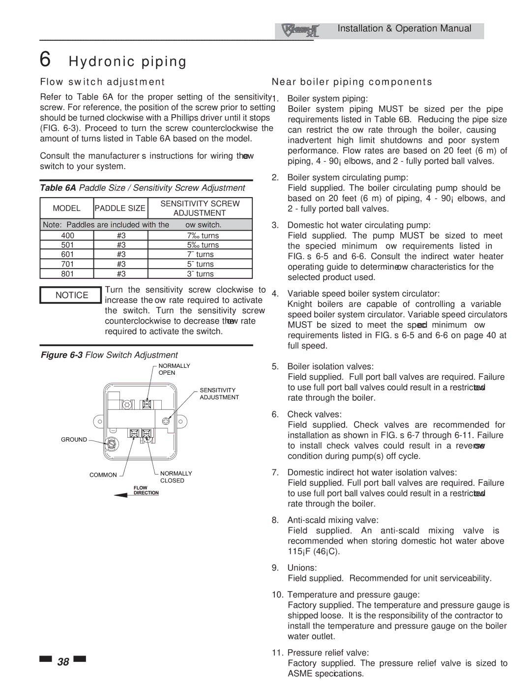 Lochinvar 801, 400 operation manual Flow switch adjustment, Near boiler piping components 