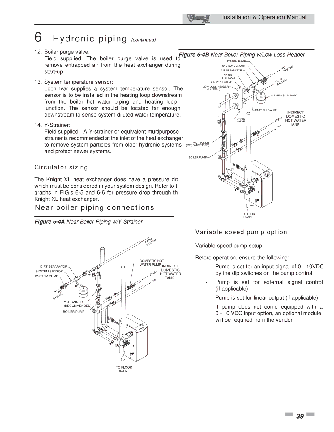 Lochinvar 400, 801 operation manual Near boiler piping connections, Circulator sizing, Variable speed pump option 