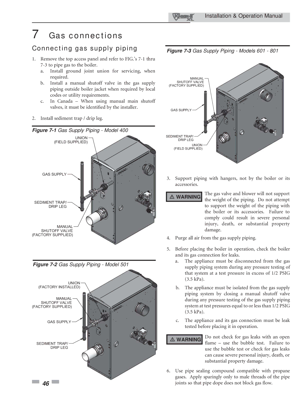 Lochinvar 801, 400 operation manual Gas connections, Connecting gas supply piping 